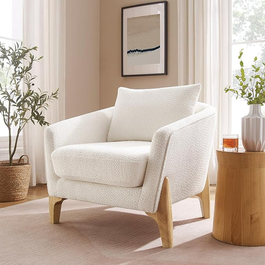 VANOMi Accent Chairs for Living Room, Sherpa Armchair with Cushion, Comfy Chair for Bedroom, Reading, Corner, Apartment, White