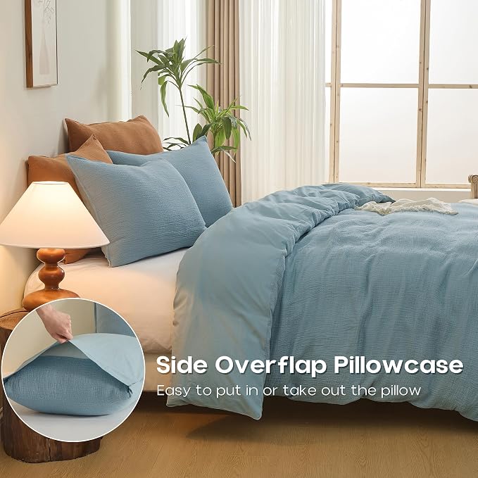 Simple&Opulence Linen Muslin Duvet Cover Set Twin Size, 3Pcs Blue Linen Cotton 3-Layer Gauze Minimalist Comforter Cover 68”x86”, Ultra Soft Breathable Seersucker Bedding Set with 1 Pillowcase