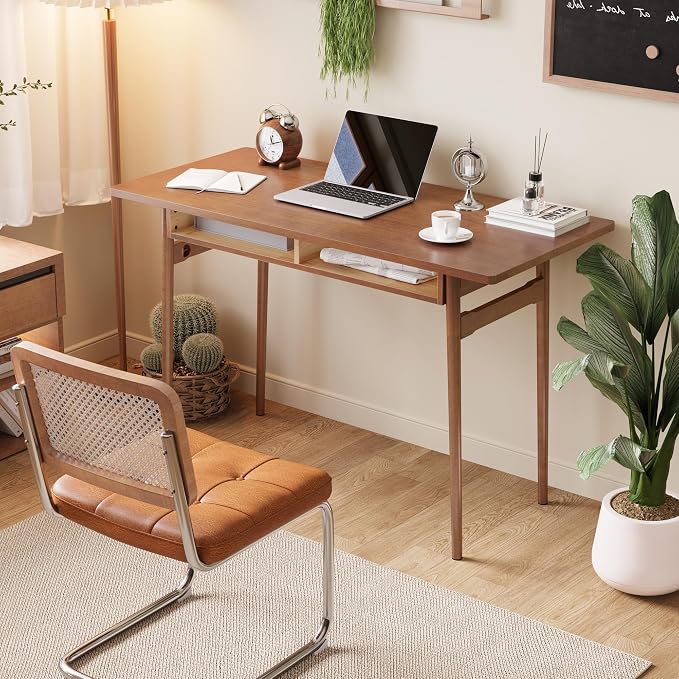 Solid Wooden Desk with Open Storage Cubby - 47.2” Mid Century Modern Desk, Writing Desks for Small Spaces, Rubber Wood Study Table, Home Office Computer Desks for Bedroom & Home, Walnut Color