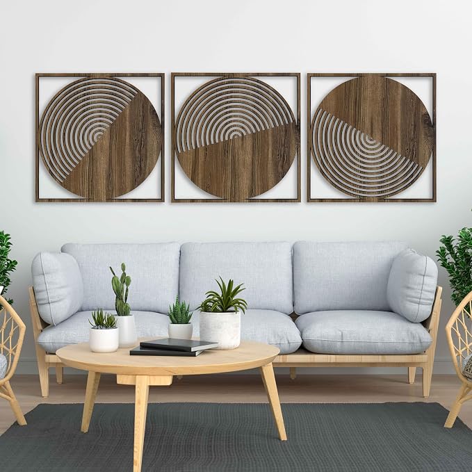 Round Boho Wall Art Wood Decor, Set of 3 Mid Century Modern Wood Wall Decoration, Aesthetic Wall Decor, Large Living Room Wooden Wall Art