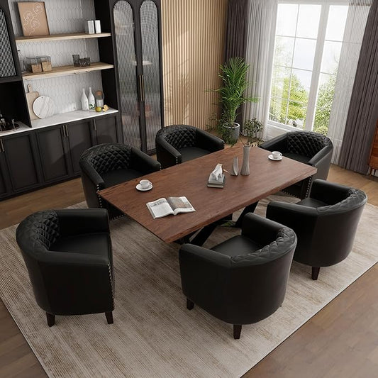 UIXE Faux Leather Barrel Accent Chairs Set of 6, Modern Club Upholstered Arm Chair, Comfy Armchair Nailed Trim Living Room Single Sofa Reading Seat Bedroom Side Sitting for Office, Black