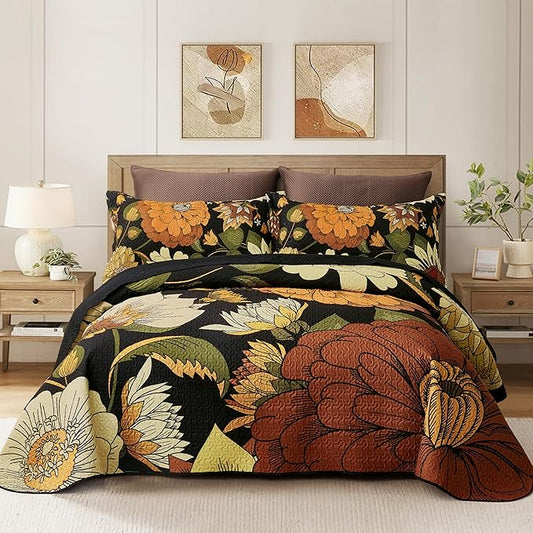 2 Piece Black Boho Floral Twin Size Quilt Sets Farmhouse Botanical Reversible Lightweight Bedspread Coverlet with 1 Sham Mid Century Microfiber Bedding Quilts Set for All Season, 68''x86''