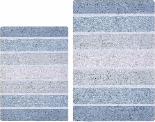 Bathroom Rugs Set 2 Piece Blue/White Luxury Stripe Non-Slip Cotton Bath Mats for Bathroom Floor |Quick Dry Shaggy Carpet for Tub Spa Shower|Living Room Entry Way Door Mats |21x32 & 17x24 Inches