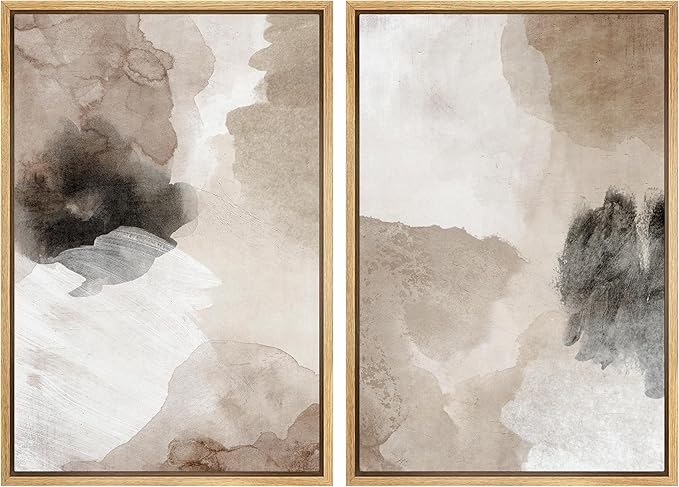 MUDECOR Framed Canvas Print Wall Art Watercolor Brown White Black Collage Abstract Shape Illustrations Modern Art Decorative Bohemian Colorful for Living Room, Bedroom, Office - 24"x36"x2 Natural