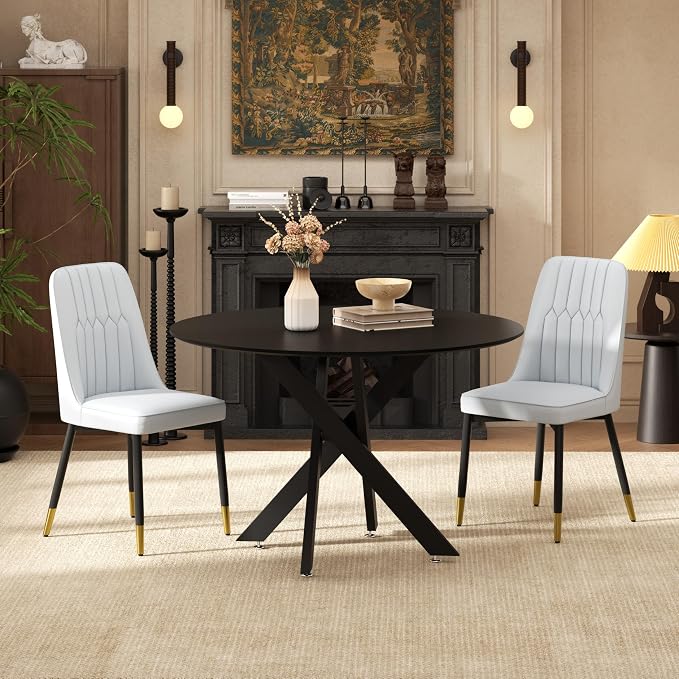 RGZ Mid Century Black Round Dining Table Set for 2, 36" Small Wooden Circle Kitchen Table & 2 Light Gray PU Leather Kitchen Chairs, Dinner Table Set for Home, Apartment, Dining Room