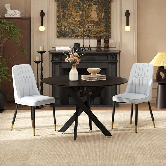 RGZ Mid Century Black Round Dining Table Set for 2, 36" Small Wooden Circle Kitchen Table & 2 Light Gray PU Leather Kitchen Chairs, Dinner Table Set for Home, Apartment, Dining Room