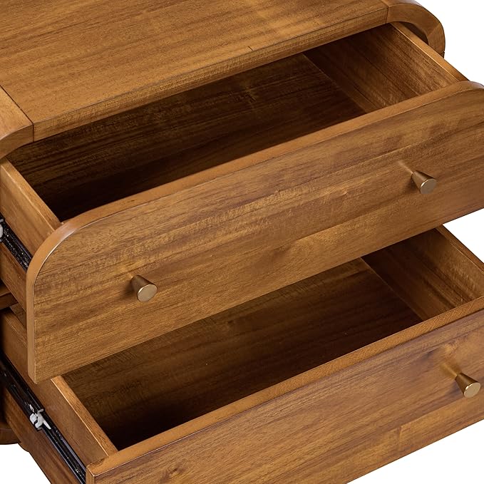 Poly & BARK Oslo 22” Nightstand – Mid-Century Modern Bedside Table with Soft-Close Drawers, Solid and Veneered Acacia Wood Construction, Brass Handles, Light Brown Finish