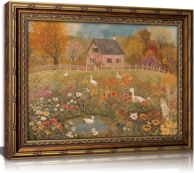 Vintage Gold Framed Autumn Country Cottage with Ducks Wall Art, Rustic Farmhouse Flower Garden Canvas Prints, Retro Fall Farm Scene Painting Poster Artwork for Living Room Kitchen Wall Decor,9x11in