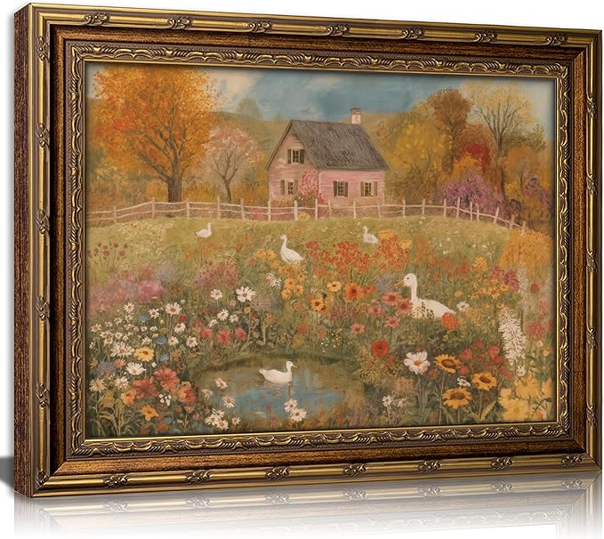 Vintage Gold Framed Autumn Country Cottage with Ducks Wall Art, Rustic Farmhouse Flower Garden Canvas Prints, Retro Fall Farm Scene Painting Poster Artwork for Living Room Kitchen Wall Decor,16X24in