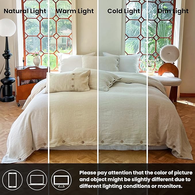 Simple&Opulence 100% Linen Duvet Cover Set 3pcs with Coconut Button Closure Natural French Washed Flax Solid Color Soft Breathable Farmhouse Bedding - Linen, Full Size