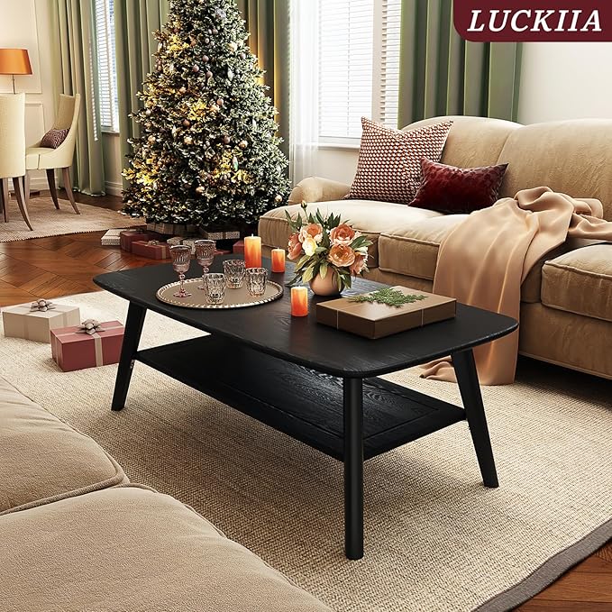 Coffee Table Small Solid Wood Center Table Mid Century Vintage Living Room Coffee Table, Black 39.37 Inch