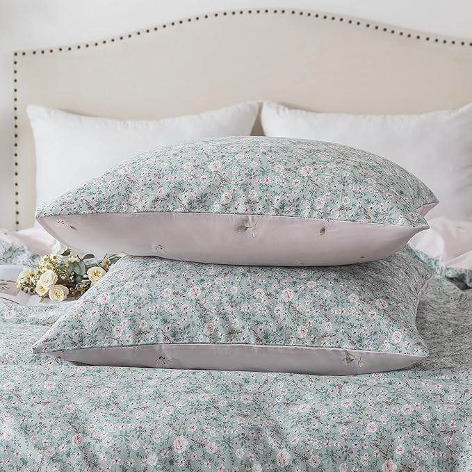 HoneiLife Cotton Floral Duvet Cover Sets, Light Green with Zipper Closure & Corner Ties, 3-Piece Soft & Breathable Comforter Covers Queen Size