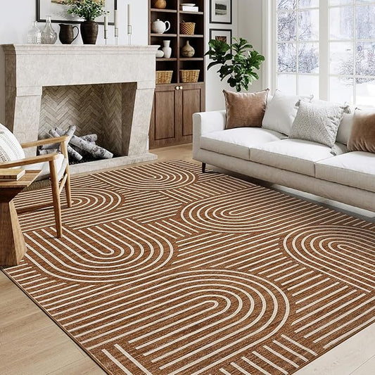 Washable Rug 8x10 Area Rugs for Living Room, Abstract Rug for Bedroom, Soft Rainbow Non Slip Throw Rugs With Rubber Back, Low Pile Stain Resistant Boho Geometric Carpet for Dining Room, Copper