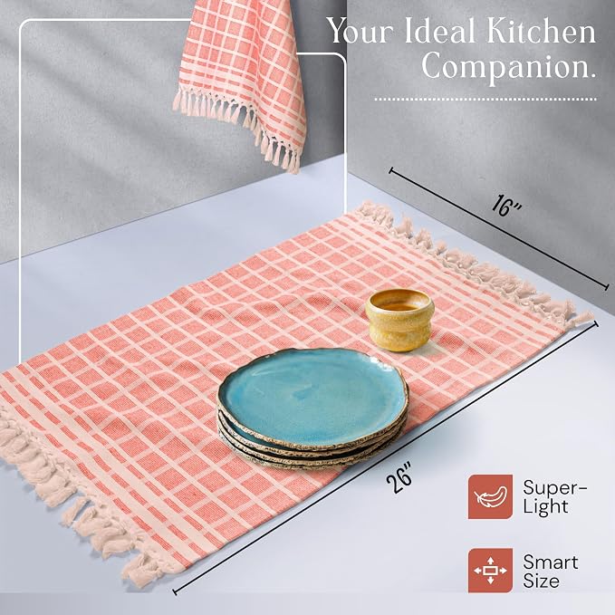 Matrix Dobby Kitchen Towels 12 Pack 100% Cotton, 16x26 Inches, Decorative Tea Towels with Handmade Tassels, Absorbent, Reusable Dish Cloths for Drying Dishes - Bright Orange, Natural
