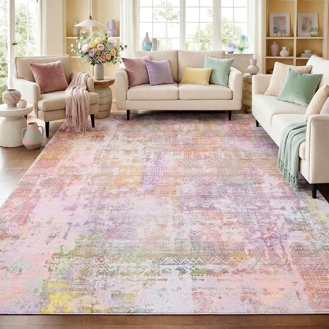Kokia Abstract 9x12 Area Rugs Living Room Washable Low Pile Non-Slip Indoor Decor Pink Orange Carpet Foldable Stain Resistant Ombre Rugs Bedroom Dining Room, Oslo Liora