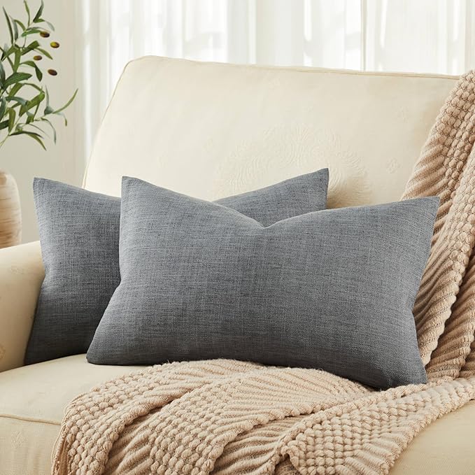ZeeMart Rustic Cotton Linen Lumbar Throw Pillow Covers Set of 2, 12x20 Inch Dark Grey, Farmhouse Style Decorative Couch Pillow Cases Cushion Covers for Sofa Bed Living Room Home Decor