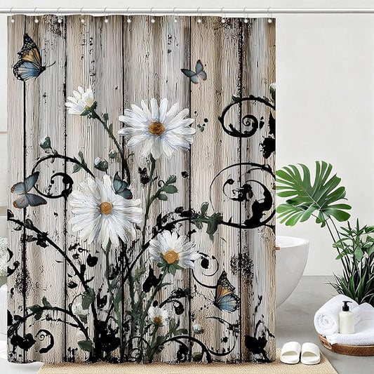 Rustic Grey Floral Shower Curtain Butterfly Flowers Shower Curtains for Bathroom Waterproof Fabric Bath Curtain Decor with Hooks