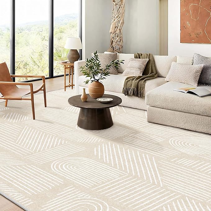 MUJOO 8x10 Washable Area Rug,Mid Century Modern Abstract Non Slip Low Pile Rug,Neutral Beige and White Large Rug for Living Room Bedroom Dining Room