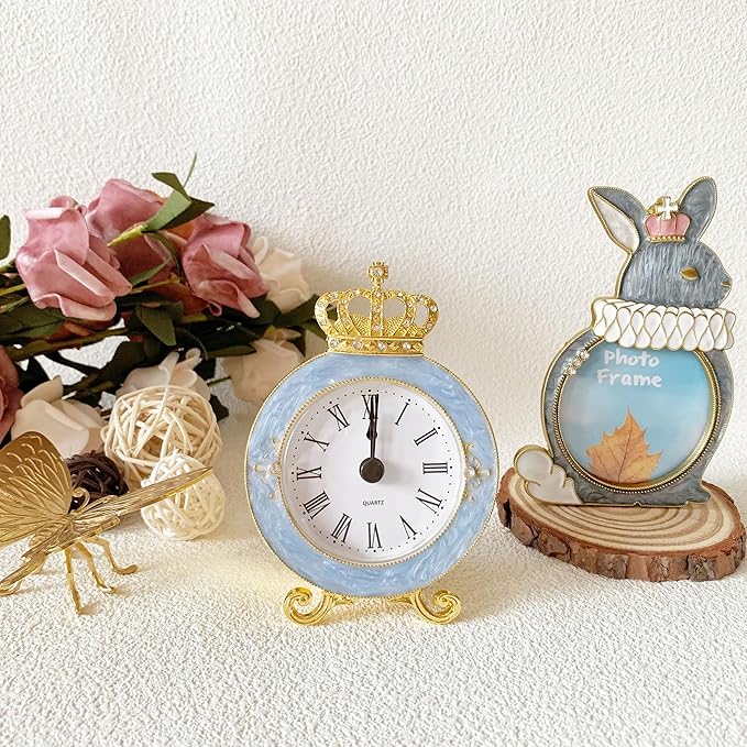 Vintage Mini Analog Table Clock, Silent Crown Table Clock with Hand-Painted Metal Body and Battery Operated Non-Ticking Core for Shelf, Living Room, Bedroom, Bedside, Desk