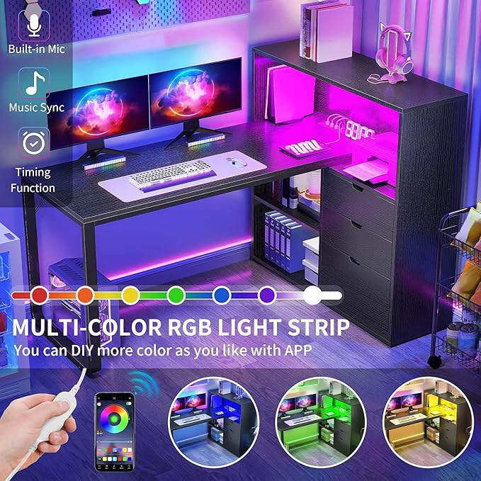 YITAHOME L Shaped Desk with Power Outlets & LED Lights & File Cabinet, 55" Corner Computer Desk with 3 Drawers & 3 Storage Shelves, Home Office Desk with Bookshelf, Black