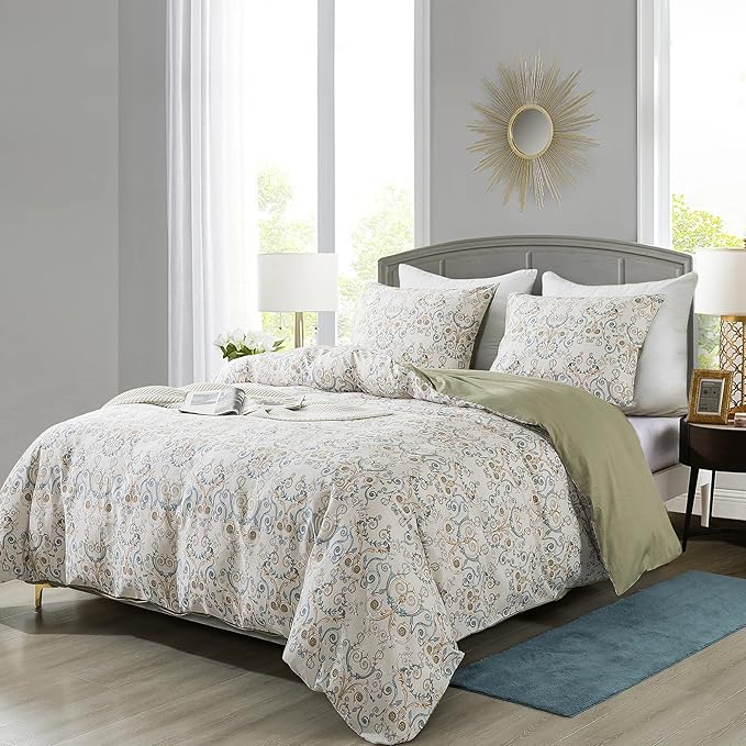 HoneiLife Duvet Dover Queen Size - 100% Cotton Comforter Cover Comfortable Duvet Cover Sets,Breathable Duvet Cover with Zipper Closure & Corner Ties,3-PC Luxurious Comforter Cover Sets, Nostalgia