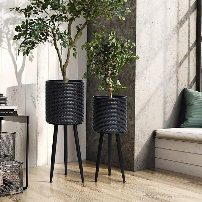 LuxenHome Mid Century Planters for Indoor Plants, Set of 2 Indoor Plant Pots, Dimpled Decorative Cachepot Planters with Black Metal Stands, Large Floor Flower Pot for Living Room, 9.5 & 10.5 Inch