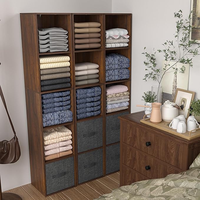 5 Cube Storage Organizer, 5 Tier Cube Low Bookcase Freestanding Storage Display Organizer, Three-Cubes Open Shelf Bookshelf for Home Office (Dark Brown,Black Walnut, 5-Cube)