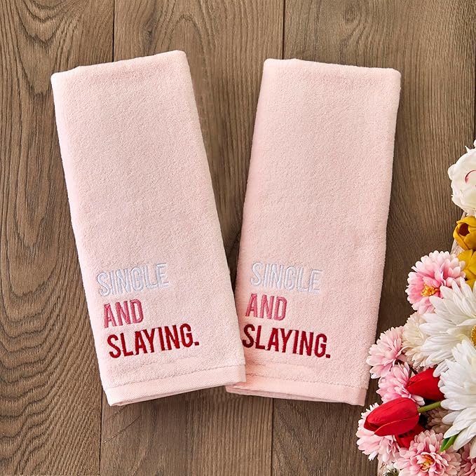 SKL Home Valentine's Day Single and Slaying 100% Cotton Embroidered 2pc Hand Towel Set, Decorative for Bath/Kitchen/Bar & Gift, Light Blush