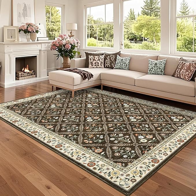 GarveeHome Large Entryway Rug 3x5 Floral Washable Area Rugs Vintage Soft Non-Slip Small Floor Carpet Doormat Stain Resistant Low-Pile Ultra-Thin Entry Mat for Bedside Kitchen Brown