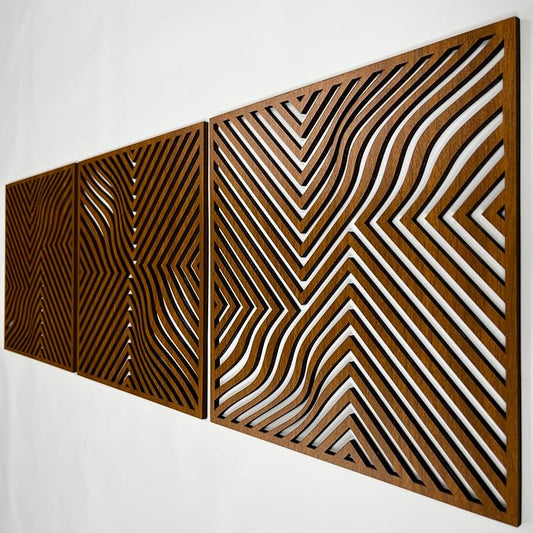 Modern Optical Wave Wood Wall Art Set, Extra Large Mid Century Wooden Decor, 3 Piece Geometric Flow Line Panels, Abstract Home Accent for Living Room and Bedroom