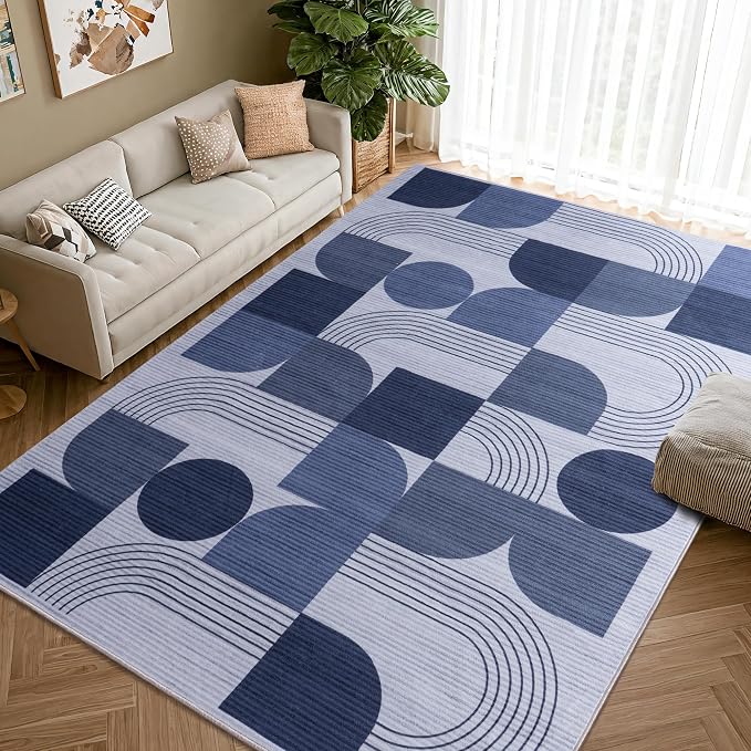 Large Machine Washable 9x12 Area Rug, Soft Modern Geometric Abstract Blue Rugs for Bedroom Living Room, Non-Shedding Faux Wool Indoor Throw Floor Carpet for Office Entryway Dining Room Decor
