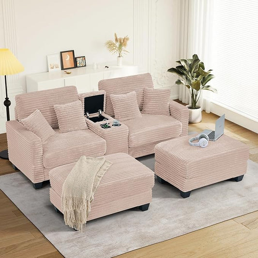 Oversized Chaise Lounge Chair Indoor with Storage & USB, Cup Holder & Ottoman, Firm Solid Wood Frame with Long Service Life Corduroy Oversized Lounge Reading Chair for Large Study Room - Pink
