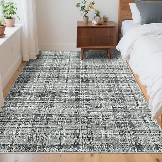 Washable Rugs 4x6 Rug for Living Room Modern Plaid Rugs for Bedroom Tartan Farmhouse Non Slip Entryway Rug Soft Stain Resistant Carpet for Nursery Entrance Dining Room 4'x6' Greenish Grey