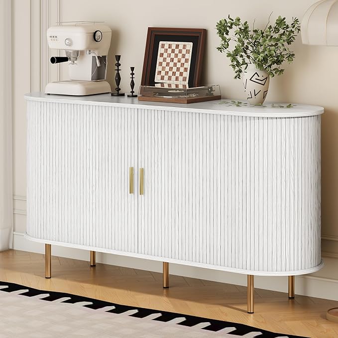 DHH Sideboard Buffet Cabinet with Storage,Mid Century Modern Fluted Accent Coffee Bar Console Table,Tambour Sliding Doors& Adjustable Shelf for Kitchen, Living Room, Entryway(White,55 Inch)