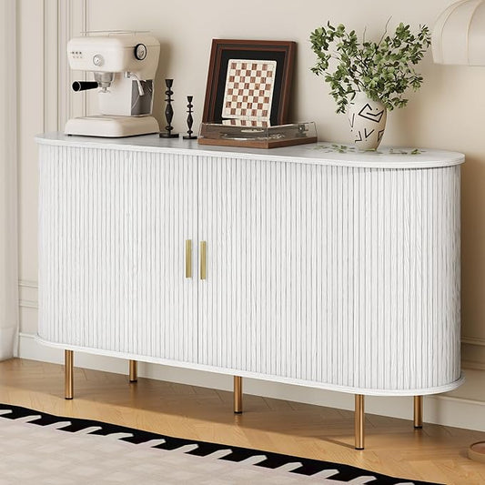 DHH Sideboard Buffet Cabinet with Storage,Mid Century Modern Fluted Accent Coffee Bar Console Table,Tambour Sliding Doors& Adjustable Shelf for Kitchen, Living Room, Entryway(White,55 Inch)