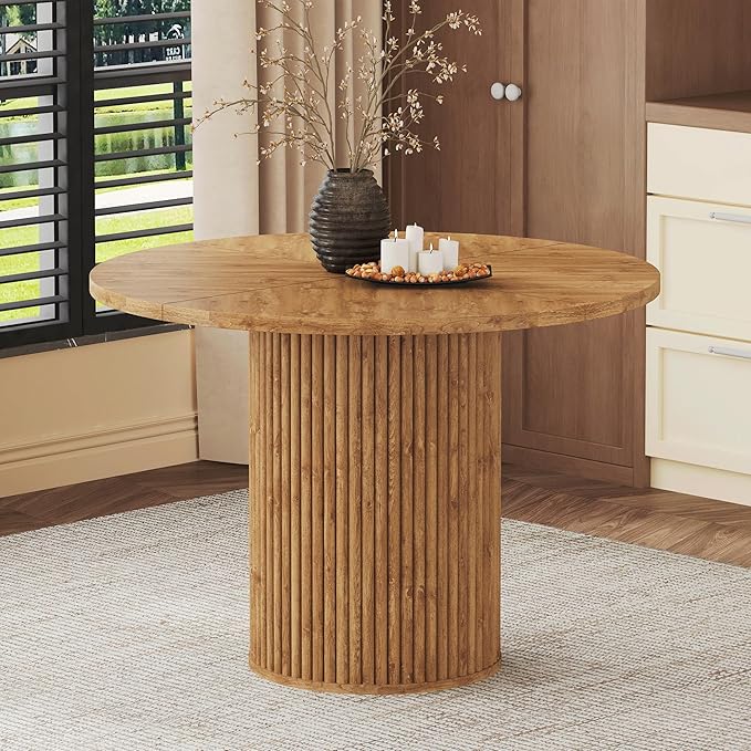 42" Round Dining Table for 4-6,Mid Century Modern Dining Room Table with Wood Grain,Rustic Kitchen Table with Round Pedestal for Dining Room Kitchen