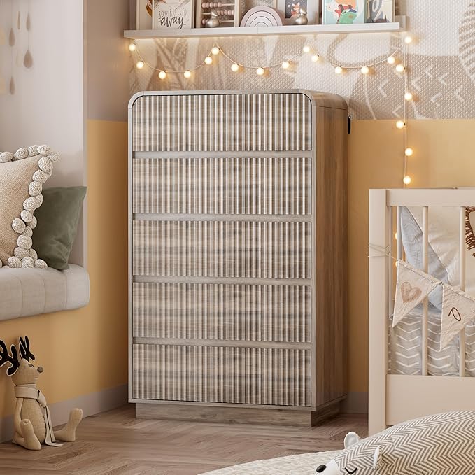 Grey Dresser Fluted Tall 5 Drawer Dresser for Bedroom, Wood Chest of Drawers with Hidden Handles & Rounded Corners, Modern Storage Cabinet and Organizer Drawers for Living Room, Hallway, Gray