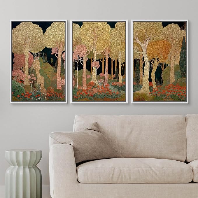 wall26 Framed Print Wall Art Set Art Nouveau Golden Forest Whimsical Vintage Tree and FloralDecorative Minimal Relax/Zen for Living Room, Bedroom, Office - 16"x24"x3 WHITE