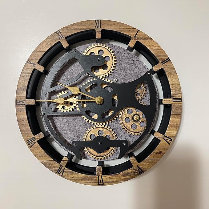 ImprovingLife Desk Clock 10 inches with Real Moving Gears Convertible into Wall Clock (Brown and Grey)