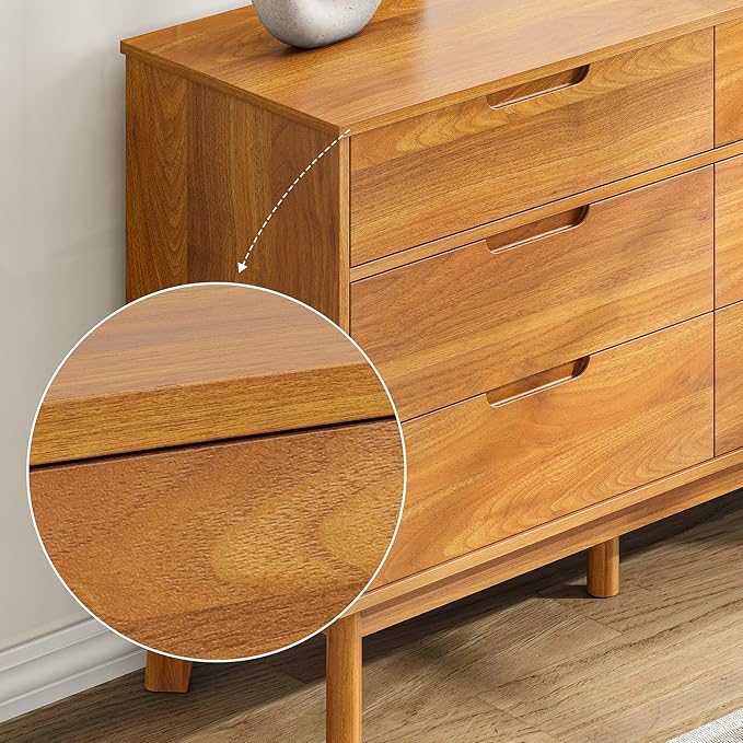47" Wide Wooden Dresser for Bedroom, Mid-Century Modern 6 Drawer Double Dresser with Walnut Wood Grain, Large Horizontal Storage Chest for Living Room, Anti-Tip Kit, Caramel