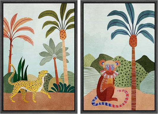 IDEA4WALL Framed Canvas Print Wall Art Set Wild Tropical Jungle Safari Cheetah & Monkey Nature Wilderness Digital Art Modern Art Decorative Animal for Living Room, Bedroom, Office - 24"x36"x2 Black