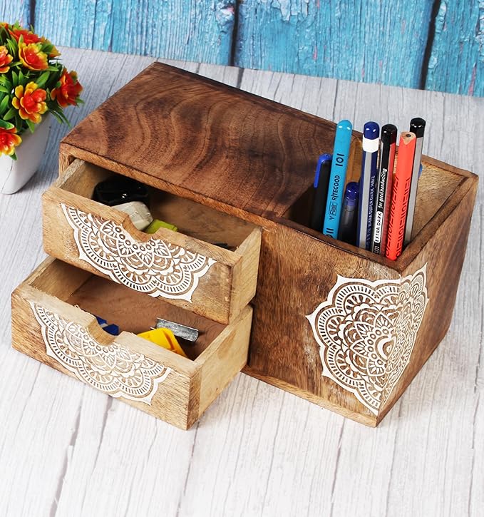 Wooden Hand craved Desk Organizer Pencil Pen Stationery Holder Cosmetic Storage Desk Box Home Office Art Supplies with 2 Drawer Wooden Tabletop Stationery Holder with 2 Drawers Storage Cabinet