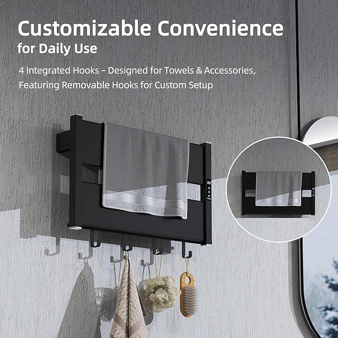 K&KALONZO Towel Warmer for Bathroom, Wall-Mounted Heated Towel Rack with Built-in Timer, Waterproof Alumnimum Electric Towel Heater, Support Plug-in and Hardwired, Black, H2-B