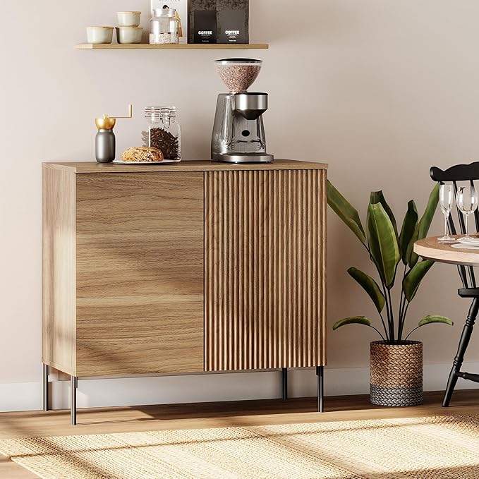 WAMPAT 31.5" Sideboard Buffet Cabinet with 2 Doors and Adjustable Shelves, Fluted Storage Cabinet, Modern Credenza Coffee Bar Wine Bar Table for Kitchen, Dining Room, Living Room, Light Walnut
