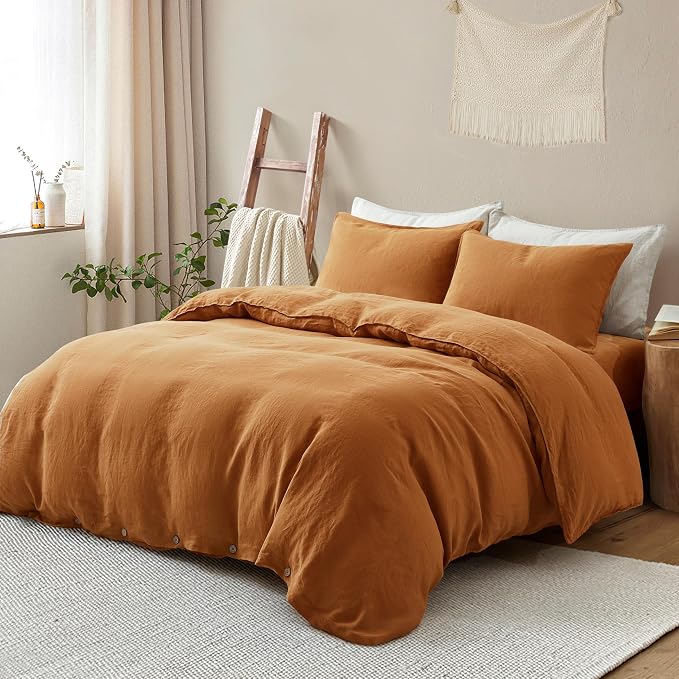 ATLINIA 100% Flax Linen Duvet Cover Set - Stone Washed Pure French Linen Organic Fabric for Farmhouse Comforter Boho Bedding Included 1 Duvet Cover 2 Pillow Shams(Rust, California King)