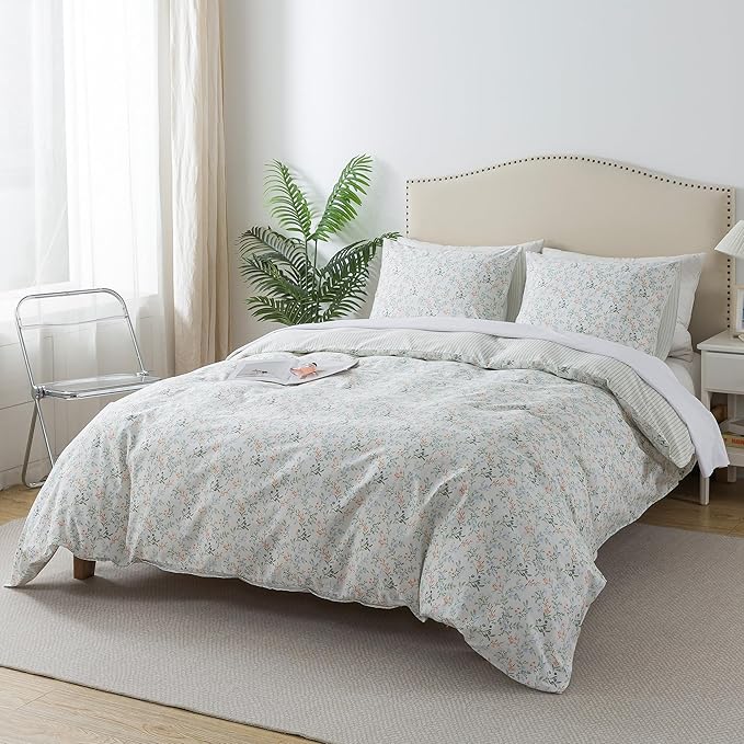 HoneiLife Botanical Duvet Cover Queen - 100% Cotton Comforter Cover Sets, Floral Duvet Cover Sets,Wildflower Bedlinen Set for Queen Beds