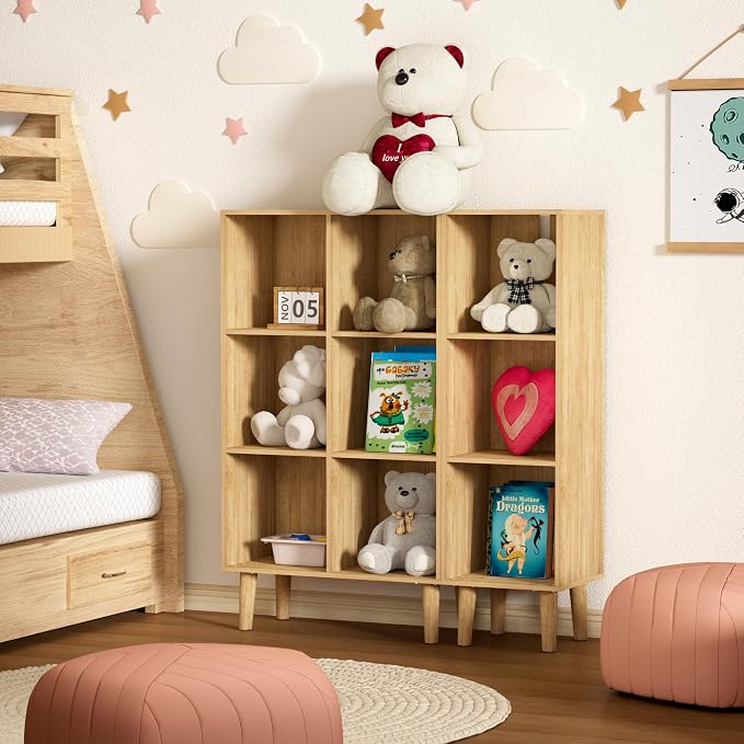 6 Cube Bookcase, Wooden Book Shelf Cube Storage Organizer with Legs, 3 Tier Bookshelf Freestanding Open Shelves for Bedroom, Living Room and Home Office (Oak, 6 Cube Vertical)