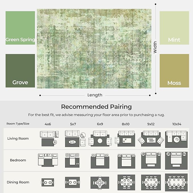 Kokia Abstract Green Area Rugs Washable Indoor 6x9 Rug Boho Distressed Retro Low Pile Non-Slip Non-Shedding Carpet Bedroom Living Room Dining Room, Sage Green