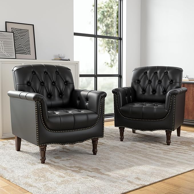 Faux Leather Club Chairs Set of 2, Retro Upholstered Armchair Accent Chair with Solid Wood Legs & Nailhead Trim for Living Room/Reading Room, Black