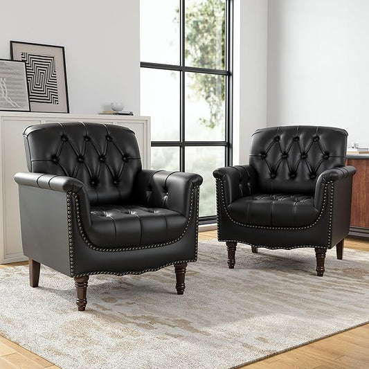Faux Leather Club Chairs Set of 2, Retro Upholstered Armchair Accent Chair with Solid Wood Legs & Nailhead Trim for Living Room/Reading Room, Black